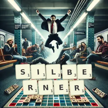 Kreative Illustration für ein Scrabble-Spiel, bei dem das Wort SILBERNER mit Steinen auf dem Brett gelegt wurde.