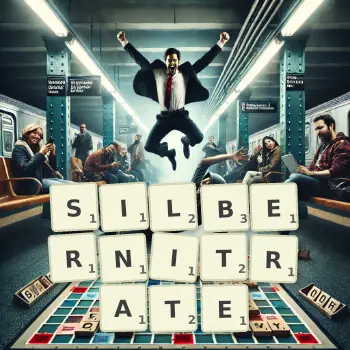 Kreative Illustration für ein Scrabble-Spiel, bei dem das Wort SILBERNITRATE mit Steinen auf dem Brett gelegt wurde.