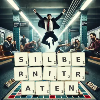 Kreative Illustration für ein Scrabble-Spiel, bei dem das Wort SILBERNITRATEN mit Steinen auf dem Brett gelegt wurde.