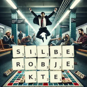Kreative Illustration für ein Scrabble-Spiel, bei dem das Wort SILBEROBJEKTE mit Steinen auf dem Brett gelegt wurde.