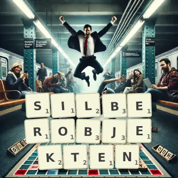 Kreative Illustration für ein Scrabble-Spiel, bei dem das Wort SILBEROBJEKTEN mit Steinen auf dem Brett gelegt wurde.
