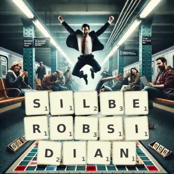 Kreative Illustration für ein Scrabble-Spiel, bei dem das Wort SILBEROBSIDIAN mit Steinen auf dem Brett gelegt wurde.