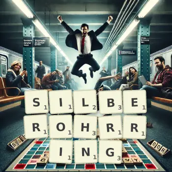 Kreative Illustration für ein Scrabble-Spiel, bei dem das Wort SILBEROHRRING mit Steinen auf dem Brett gelegt wurde.