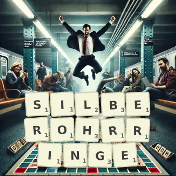 Kreative Illustration für ein Scrabble-Spiel, bei dem das Wort SILBEROHRRINGE mit Steinen auf dem Brett gelegt wurde.