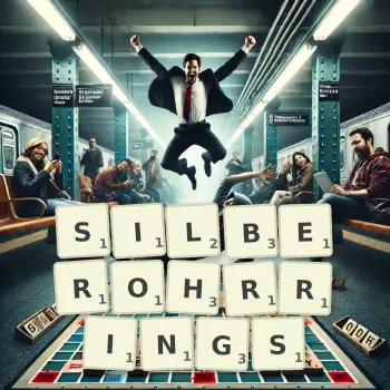 Kreative Illustration für ein Scrabble-Spiel, bei dem das Wort SILBEROHRRINGS mit Steinen auf dem Brett gelegt wurde.