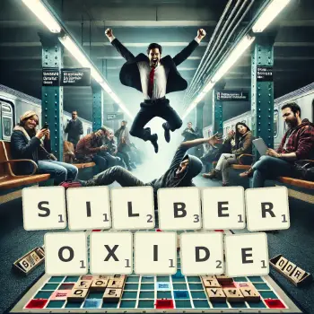 Kreative Illustration für ein Scrabble-Spiel, bei dem das Wort SILBEROXIDE mit Steinen auf dem Brett gelegt wurde.
