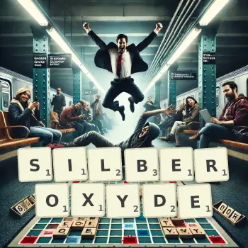Kreative Illustration für ein Scrabble-Spiel, bei dem das Wort SILBEROXYDE mit Steinen auf dem Brett gelegt wurde.