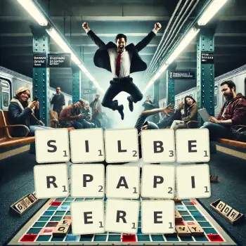 Kreative Illustration für ein Scrabble-Spiel, bei dem das Wort SILBERPAPIERE mit Steinen auf dem Brett gelegt wurde.