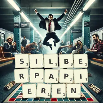 Kreative Illustration für ein Scrabble-Spiel, bei dem das Wort SILBERPAPIEREN mit Steinen auf dem Brett gelegt wurde.
