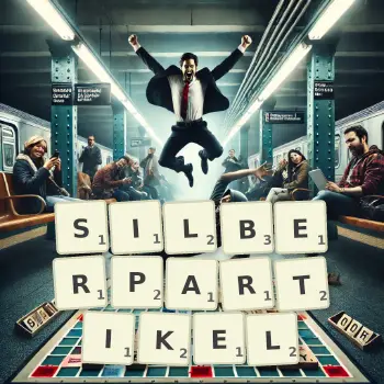 Kreative Illustration für ein Scrabble-Spiel, bei dem das Wort SILBERPARTIKEL mit Steinen auf dem Brett gelegt wurde.