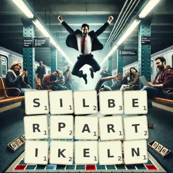 Kreative Illustration für ein Scrabble-Spiel, bei dem das Wort SILBERPARTIKELN mit Steinen auf dem Brett gelegt wurde.