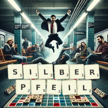 Kreative Illustration für ein Scrabble-Spiel, bei dem das Wort SILBERPFEIL mit Steinen auf dem Brett gelegt wurde.