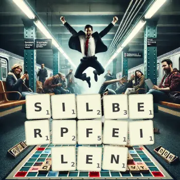 Kreative Illustration für ein Scrabble-Spiel, bei dem das Wort SILBERPFEILEN mit Steinen auf dem Brett gelegt wurde.