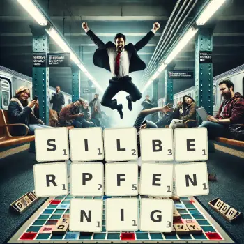 Kreative Illustration für ein Scrabble-Spiel, bei dem das Wort SILBERPFENNIG mit Steinen auf dem Brett gelegt wurde.