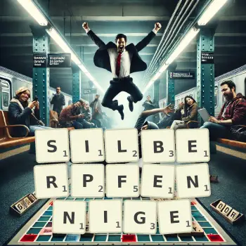 Kreative Illustration für ein Scrabble-Spiel, bei dem das Wort SILBERPFENNIGE mit Steinen auf dem Brett gelegt wurde.