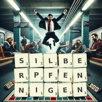 Kreative Illustration für ein Scrabble-Spiel, bei dem das Wort SILBERPFENNIGEN mit Steinen auf dem Brett gelegt wurde.