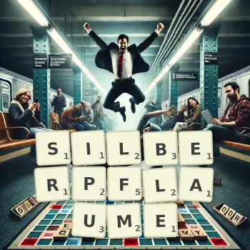 Kreative Illustration für ein Scrabble-Spiel, bei dem das Wort SILBERPFLAUME mit Steinen auf dem Brett gelegt wurde.