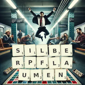 Kreative Illustration für ein Scrabble-Spiel, bei dem das Wort SILBERPFLAUMEN mit Steinen auf dem Brett gelegt wurde.