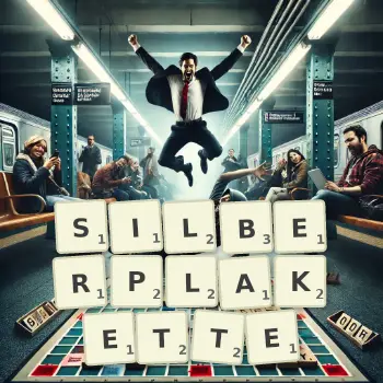 Kreative Illustration für ein Scrabble-Spiel, bei dem das Wort SILBERPLAKETTE mit Steinen auf dem Brett gelegt wurde.