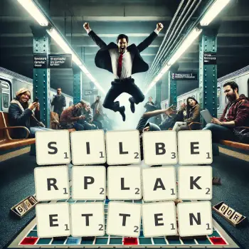 Kreative Illustration für ein Scrabble-Spiel, bei dem das Wort SILBERPLAKETTEN mit Steinen auf dem Brett gelegt wurde.