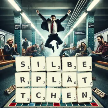 Kreative Illustration für ein Scrabble-Spiel, bei dem das Wort SILBERPLÄTTCHEN mit Steinen auf dem Brett gelegt wurde.