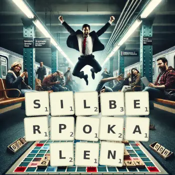 Kreative Illustration für ein Scrabble-Spiel, bei dem das Wort SILBERPOKALEN mit Steinen auf dem Brett gelegt wurde.