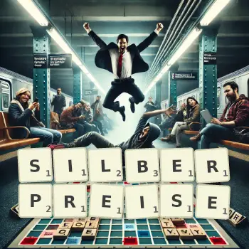 Kreative Illustration für ein Scrabble-Spiel, bei dem das Wort SILBERPREISE mit Steinen auf dem Brett gelegt wurde.