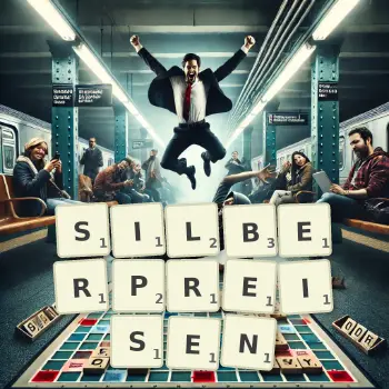 Kreative Illustration für ein Scrabble-Spiel, bei dem das Wort SILBERPREISEN mit Steinen auf dem Brett gelegt wurde.