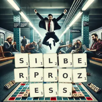 Kreative Illustration für ein Scrabble-Spiel, bei dem das Wort SILBERPROZESS mit Steinen auf dem Brett gelegt wurde.