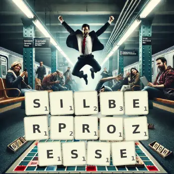 Kreative Illustration für ein Scrabble-Spiel, bei dem das Wort SILBERPROZESSE mit Steinen auf dem Brett gelegt wurde.