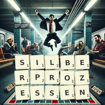 Kreative Illustration für ein Scrabble-Spiel, bei dem das Wort SILBERPROZESSEN mit Steinen auf dem Brett gelegt wurde.