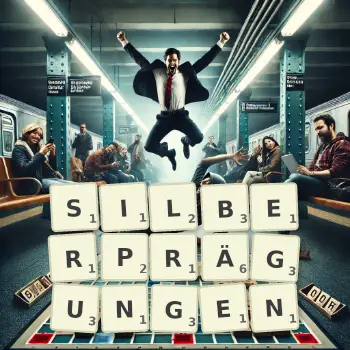 Kreative Illustration für ein Scrabble-Spiel, bei dem das Wort SILBERPRÄGUNGEN mit Steinen auf dem Brett gelegt wurde.