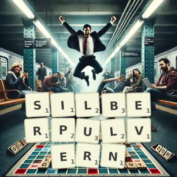 Kreative Illustration für ein Scrabble-Spiel, bei dem das Wort SILBERPULVERN mit Steinen auf dem Brett gelegt wurde.