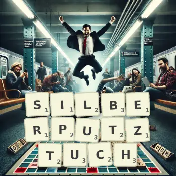 Kreative Illustration für ein Scrabble-Spiel, bei dem das Wort SILBERPUTZTUCH mit Steinen auf dem Brett gelegt wurde.