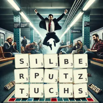 Kreative Illustration für ein Scrabble-Spiel, bei dem das Wort SILBERPUTZTUCHS mit Steinen auf dem Brett gelegt wurde.