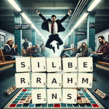 Kreative Illustration für ein Scrabble-Spiel, bei dem das Wort SILBERRAHMENS mit Steinen auf dem Brett gelegt wurde.