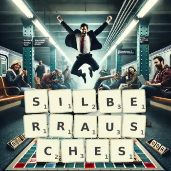 Kreative Illustration für ein Scrabble-Spiel, bei dem das Wort SILBERRAUSCHES mit Steinen auf dem Brett gelegt wurde.