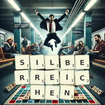 Kreative Illustration für ein Scrabble-Spiel, bei dem das Wort SILBERREICHEN mit Steinen auf dem Brett gelegt wurde.