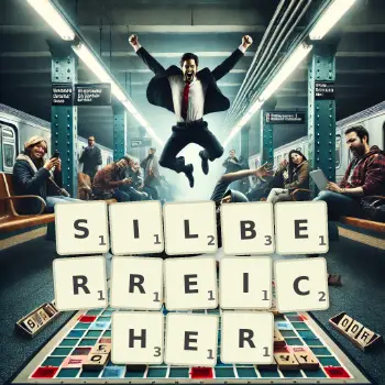 Kreative Illustration für ein Scrabble-Spiel, bei dem das Wort SILBERREICHER mit Steinen auf dem Brett gelegt wurde.