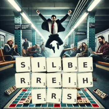 Kreative Illustration für ein Scrabble-Spiel, bei dem das Wort SILBERREIHERS mit Steinen auf dem Brett gelegt wurde.