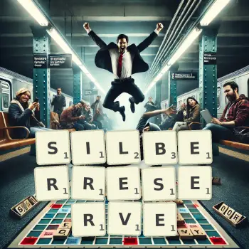 Kreative Illustration für ein Scrabble-Spiel, bei dem das Wort SILBERRESERVE mit Steinen auf dem Brett gelegt wurde.