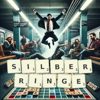 Kreative Illustration für ein Scrabble-Spiel, bei dem das Wort SILBERRINGE mit Steinen auf dem Brett gelegt wurde.