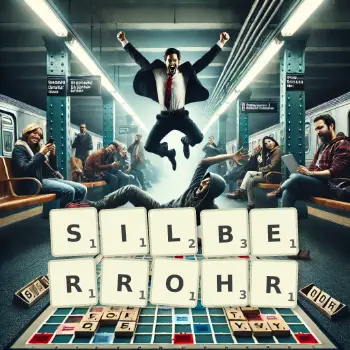Kreative Illustration für ein Scrabble-Spiel, bei dem das Wort SILBERROHR mit Steinen auf dem Brett gelegt wurde.