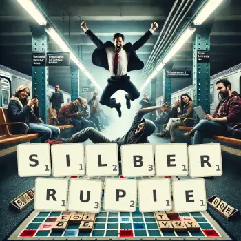 Kreative Illustration für ein Scrabble-Spiel, bei dem das Wort SILBERRUPIE mit Steinen auf dem Brett gelegt wurde.