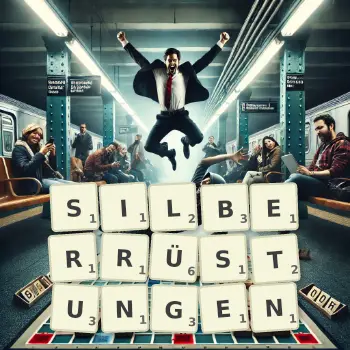 Kreative Illustration für ein Scrabble-Spiel, bei dem das Wort SILBERRÜSTUNGEN mit Steinen auf dem Brett gelegt wurde.
