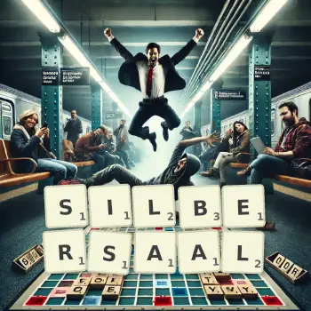 Kreative Illustration für ein Scrabble-Spiel, bei dem das Wort SILBERSAAL mit Steinen auf dem Brett gelegt wurde.