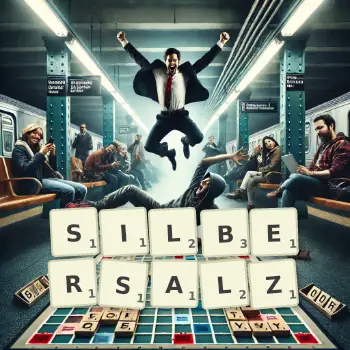 Kreative Illustration für ein Scrabble-Spiel, bei dem das Wort SILBERSALZ mit Steinen auf dem Brett gelegt wurde.