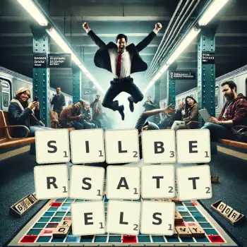 Kreative Illustration für ein Scrabble-Spiel, bei dem das Wort SILBERSATTELS mit Steinen auf dem Brett gelegt wurde.
