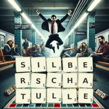 Kreative Illustration für ein Scrabble-Spiel, bei dem das Wort SILBERSCHATULLE mit Steinen auf dem Brett gelegt wurde.