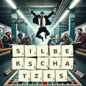 Kreative Illustration für ein Scrabble-Spiel, bei dem das Wort SILBERSCHATZES mit Steinen auf dem Brett gelegt wurde.
